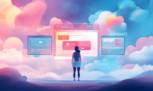 Woman viewing multiple website interfaces floating in a dreamy digital sky